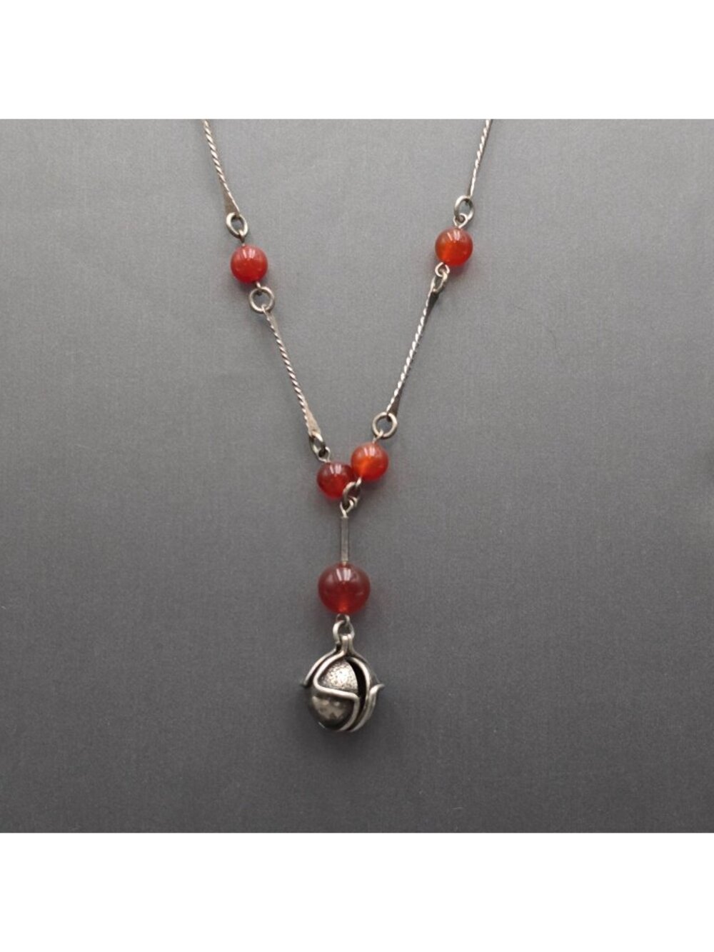 Vintage Sterling Silver Carnelian Y Drop Necklace 26" Open Sphere Orb Pendant